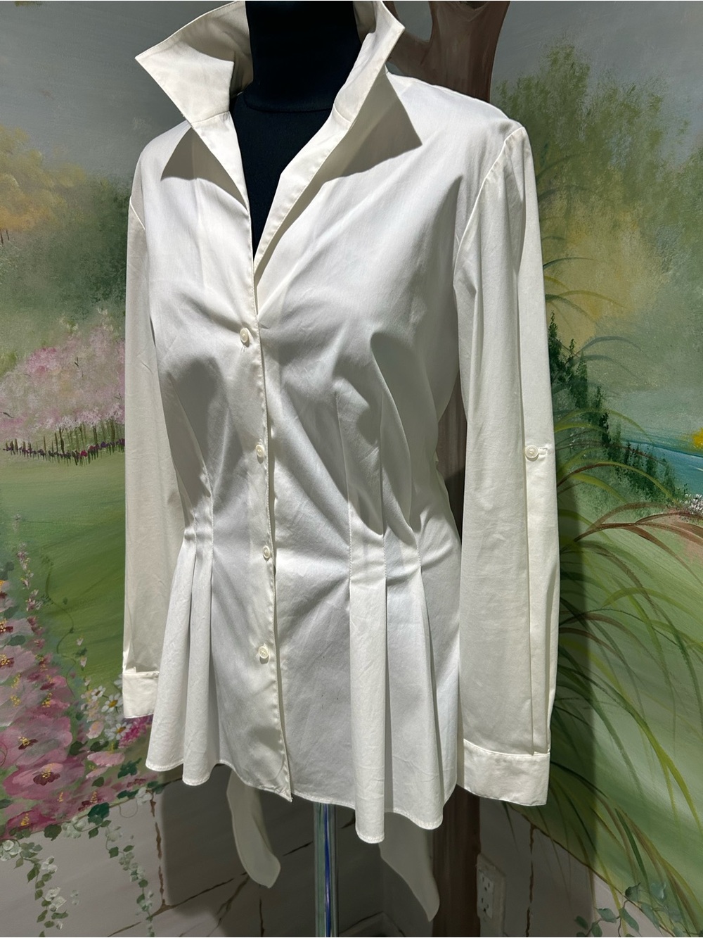 Vintage Lafayette 148 New York White Pleated Wrap Tie Waist Button-Down Shirt - Picture 4 of 10